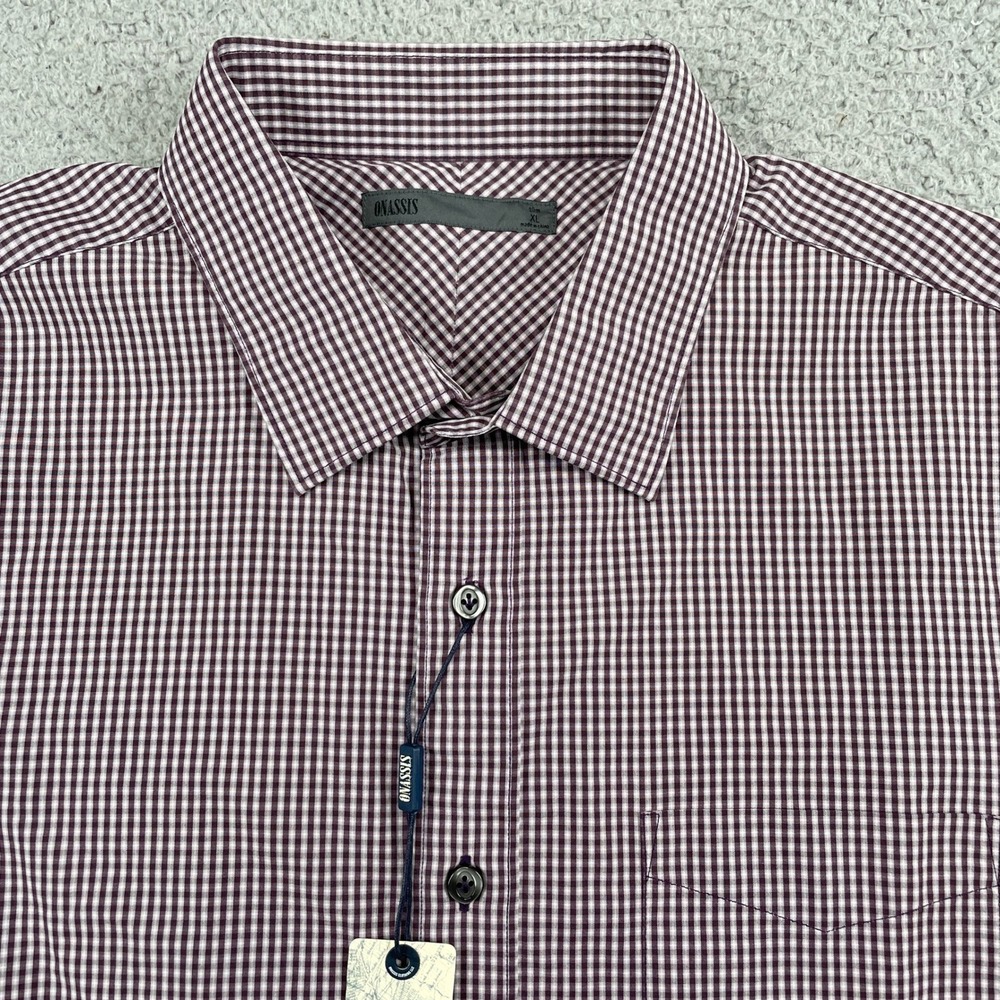 Onassis Shirt Mens XL Plum Slim Check Poplin Cotton Long Sleeve Button Down